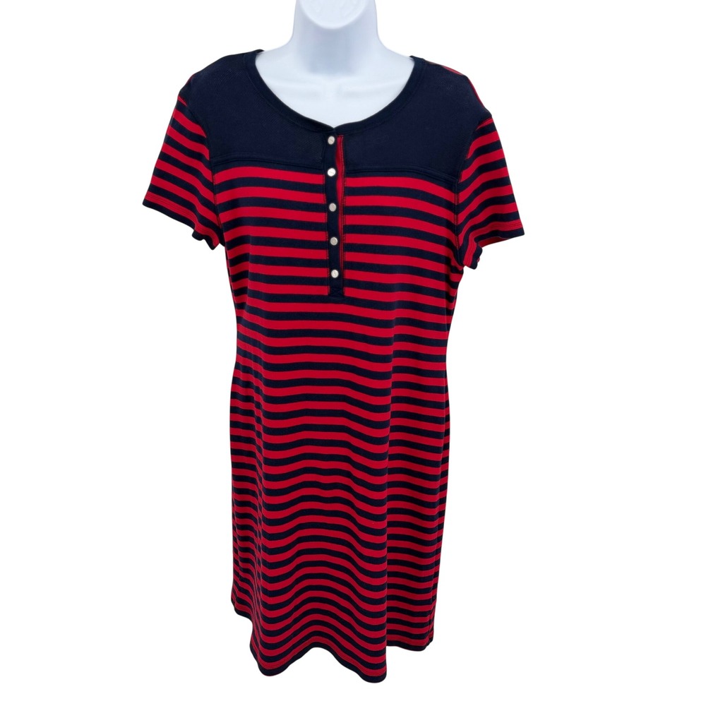 Chaps Womens XL T-Shirt Dress Short Red Navy Blue Striped Henley Sleeve Cotton